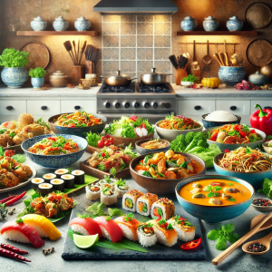 DALL·E 2024-08-31 18.02.03 - A vibrant kitchen scene featuring a variety of authentic Asian dishes from different regions, including Japanese sushi, Chinese stir-fry, Indian curry